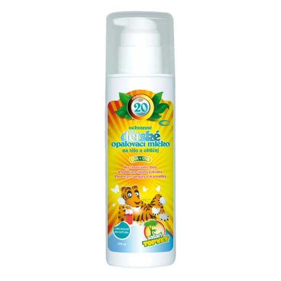 Topvet - Dětské opalovací mléko SPF 20 pro alergiky 200ml - střední ochrana - bez chemického filtru - vhodný pro alergiky a ekzematiky